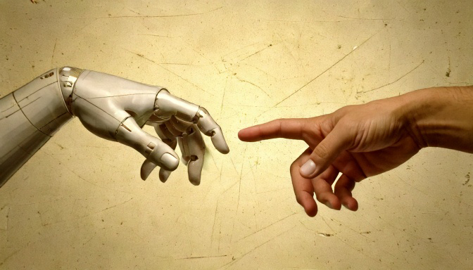 Firefly-a-robotic-hand-and-a-human-hand-with-extended-fingers-in-the-style-of-michelangelo