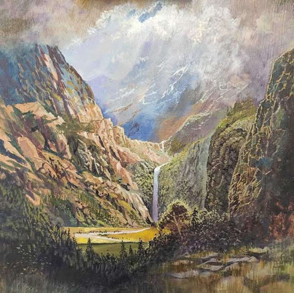 A painting of a waterfall in the rockies