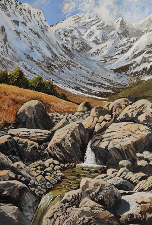 A painting of rocks and waterfall