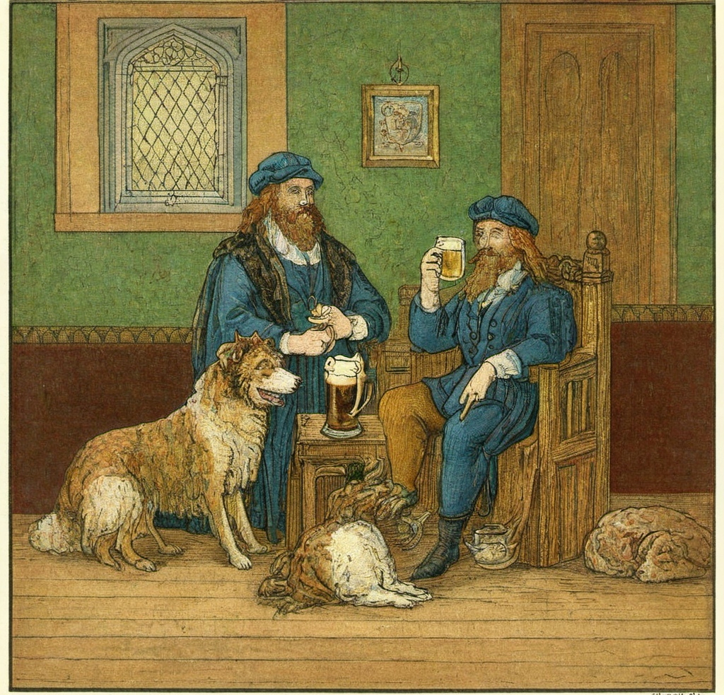 a painting in the medieval style of a large fluffy Irish collie enjoying a pint of beer in a traditional pub